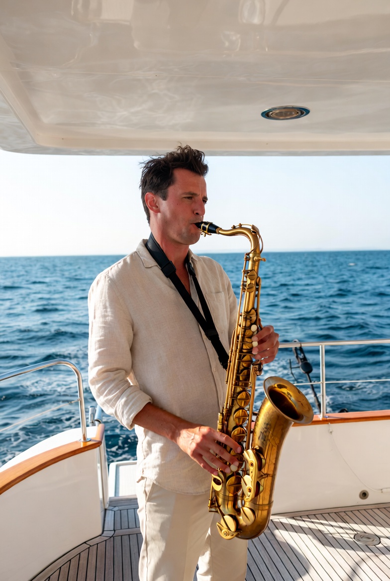 Live saxophone player performing on a yacht at sunset — Emerald Eyes Miami